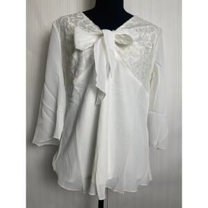 BFA Classics Lace Front Bow Sheer Lined Blouse Womens Cream Size L Fairy Boho